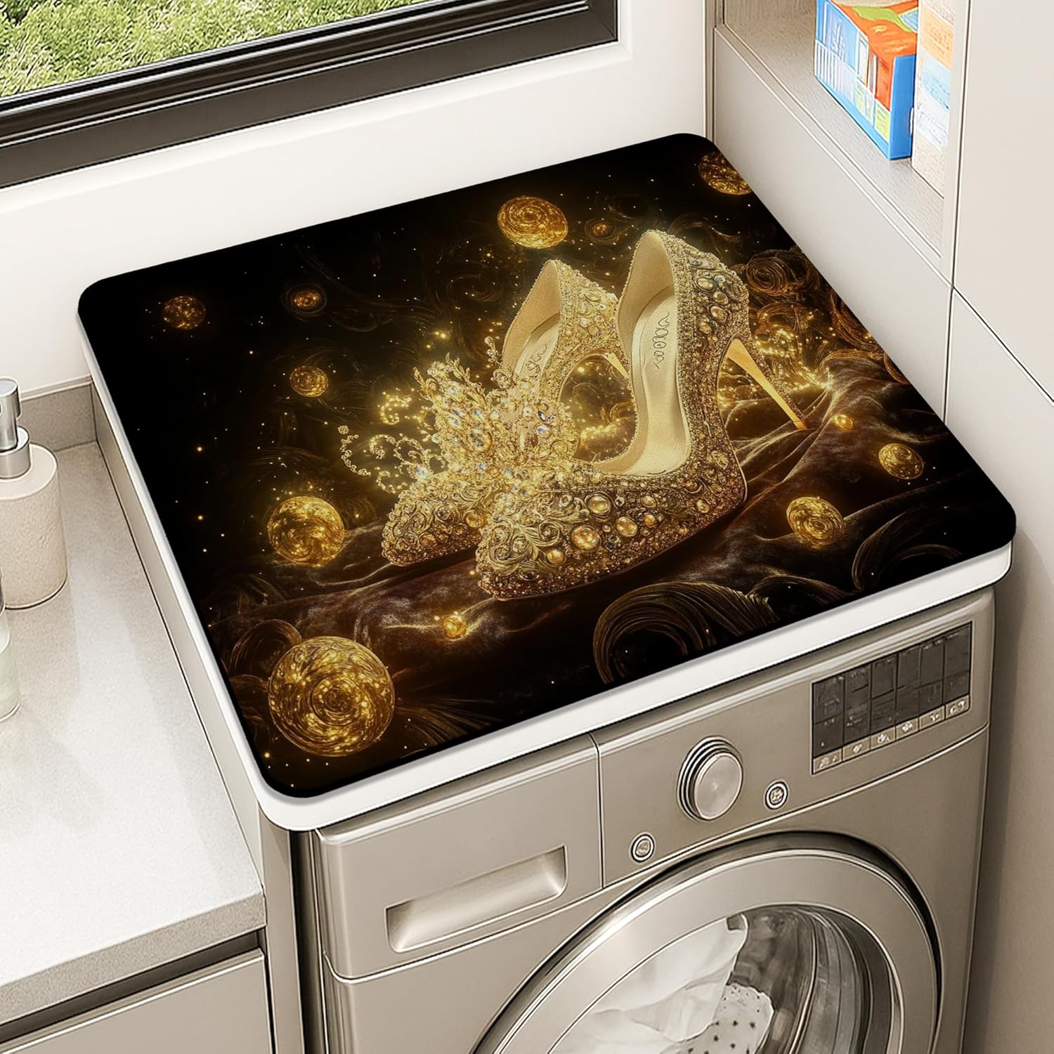Elegant Gold Washer Dryer Top Protector Mat, Luxurious Jewel Pattern Laundry Machine Dust Covers, Opulent Rubber Anti-slip Waterproof Washer And Dryer Mats for Home Decor 24x24 Inch