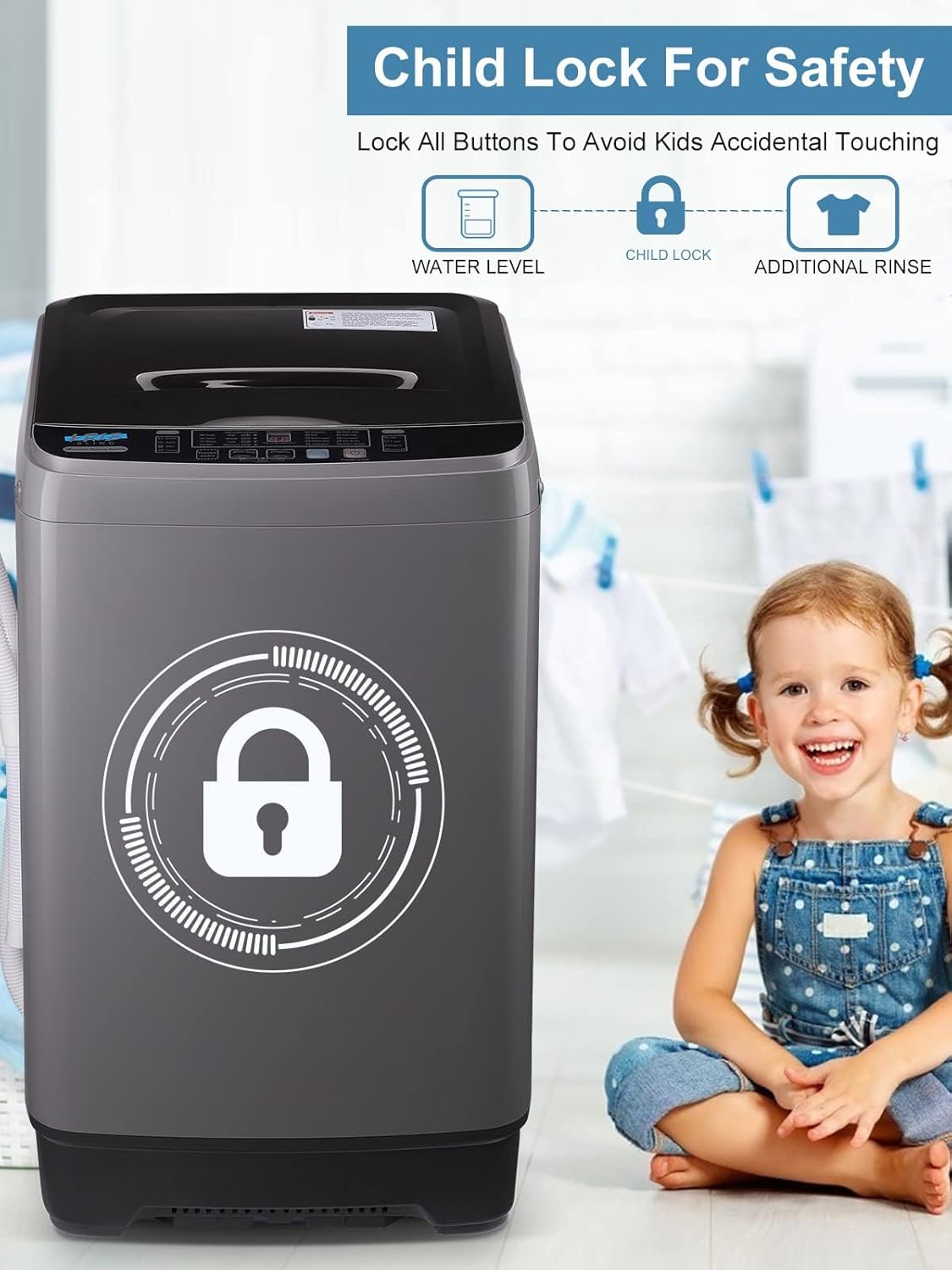 Full-Automatic Washing Machine 17.7 lbs Small Compact Portable 10 Wash Program & 8 Water Level Compact Washer with LED Display Ideal for Apartments, RV, Camping, Grey