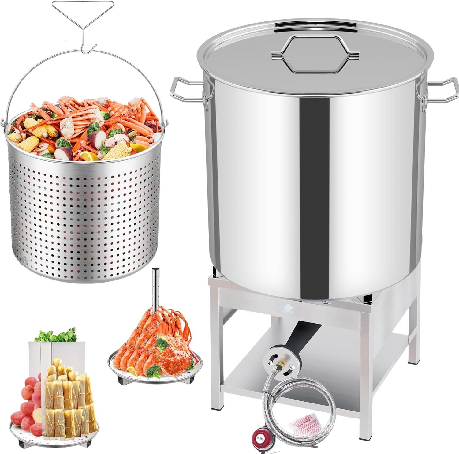 ARC 100QT Stainless Steel Pot with 200,000 BTU Propane Burner - Seafood Boil Pot, Crab Boil Pot, Lobster Pot, Shrimp Boil Pot, Tamale Steamer Pot with Basket and Turkey Fryer Burner