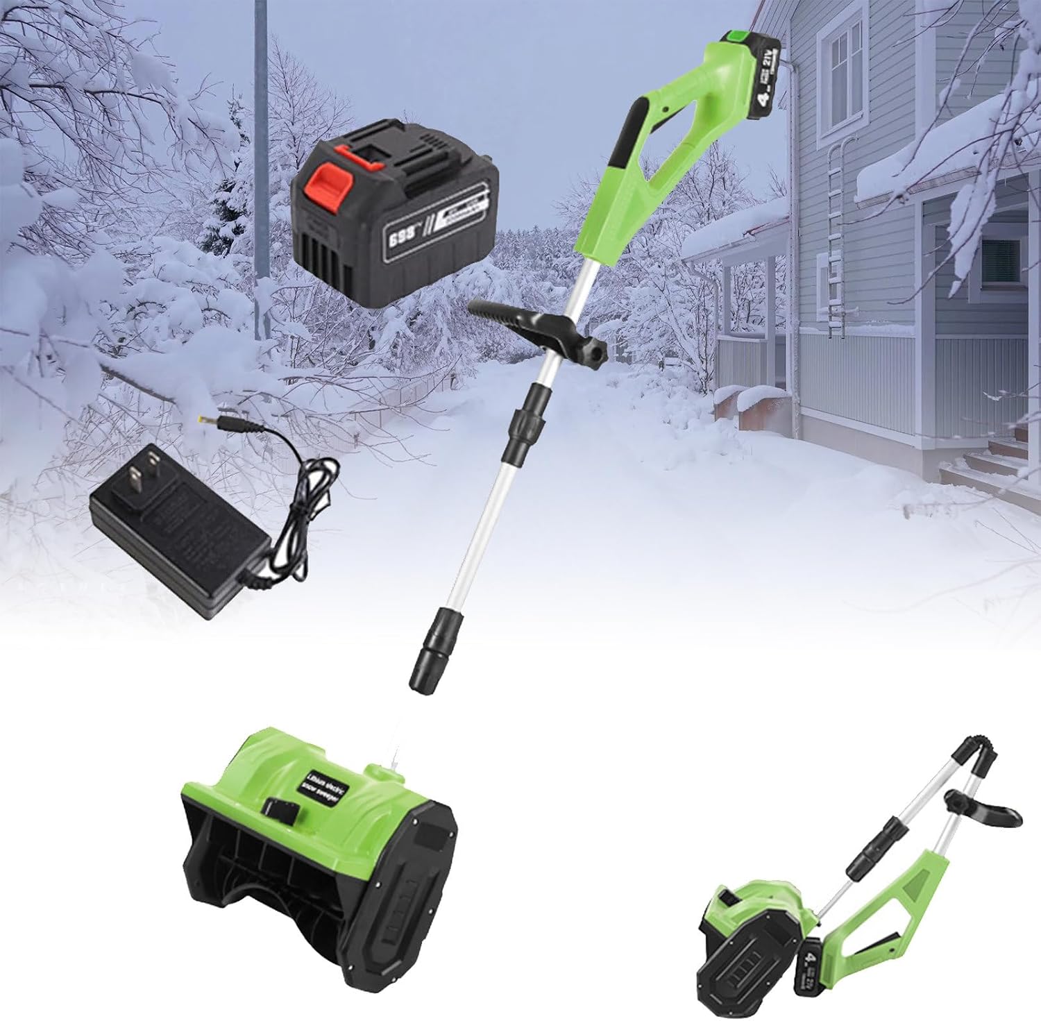Cordless Snow Shovel with Li-ion Battery & Charger,Adjustable Front Handle & Telescopic Pole, 11in Width & 6in Depth & 26ft Throwing Distance,for Driveway Clearing, Patio,Green-1Battery