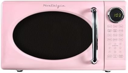 Nostalgia Retro Microwave Oven - 0.7 Cu Ft, 700-Watt Countertop Size with Glass Turntable, Child Safety Lock, 8 Auto-Cook Programs, Digital Clock - Pink