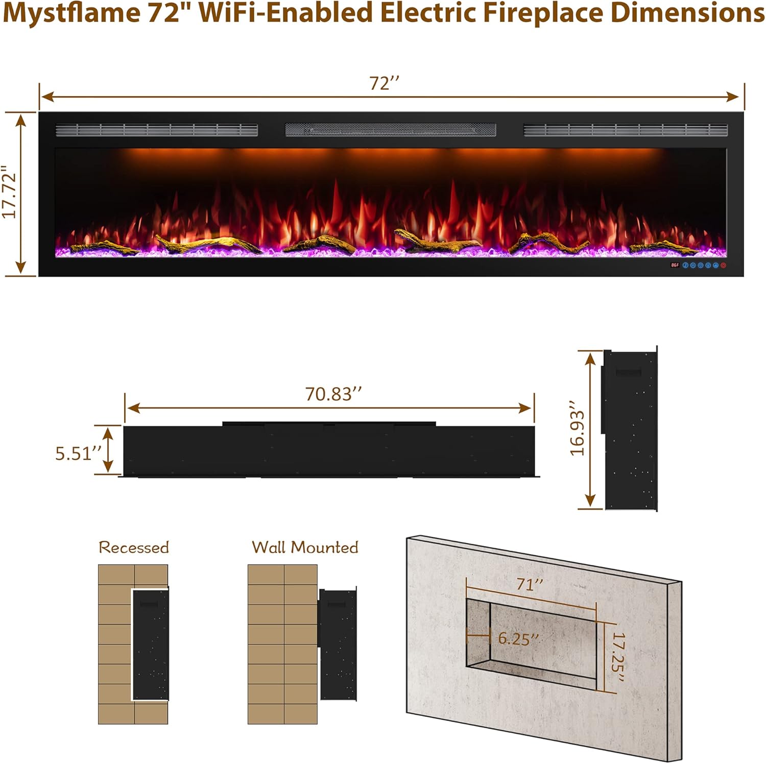 72 Inch WiFi-Enabled Electric Fireplace Inserts & Wall Mounted, Slim Electric Fireplace Heater, 750/1500w, Adjustable Flame Color, Remote Control & Touch Screen, Logs & Crystals, Black
