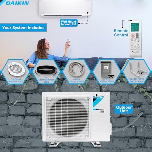 Daikin 9,000 BTU 18 SEER2 Ductless Mini-Split Wall Mount Heat Pump Air Conditioner - R32 w/ 15' Installation Kit, 1/2 Whip, 30A Disconnect, and Wall Bracket