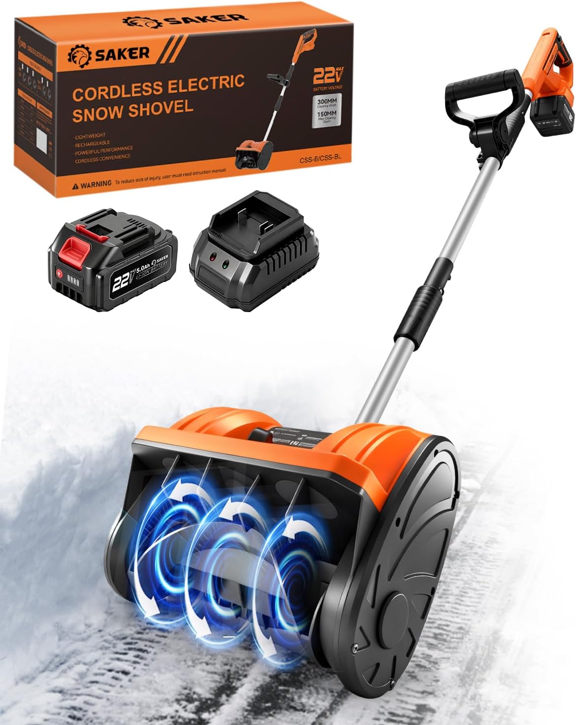 Saker Cordless Snow Shovel Electric - 22V Brushless Snow Blower with 5.0 Battery & Charger - 12