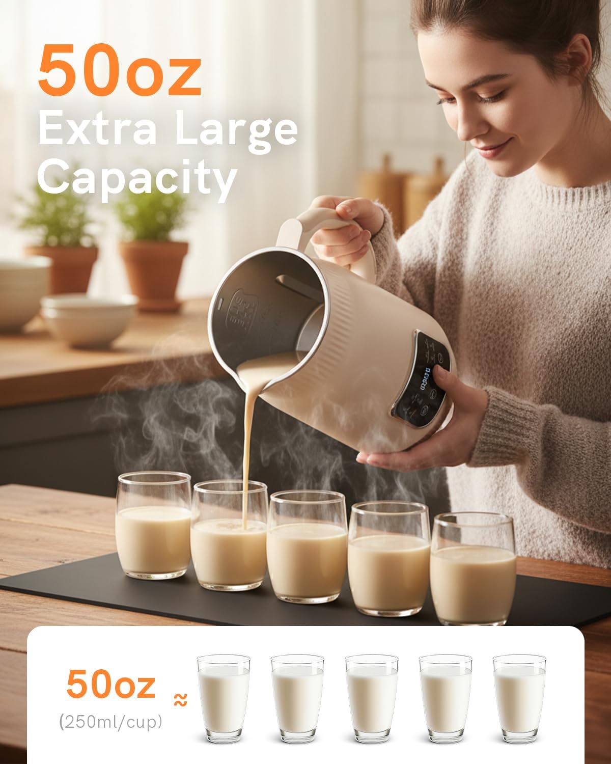 50oz Nut Milk Maker Machine(Stainless Steel) Blender, 8-in-1 Automatic Soy Milk Maker for Vegan, Homemade Almond/Coconut/Oat Plant-Based Milk with 18H Delay Start,4H Keep Warm, Self-Clean& Boil Water