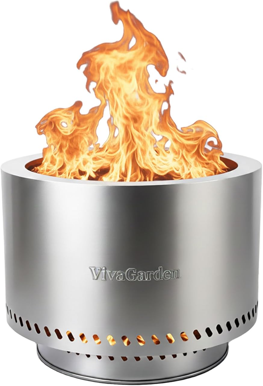 19.5 Inch Smokeless Fire Pit, VivaGarden Outdoor Wood Burning Fire Pit with Carry Bag, Stainless Steel Firepit for Camping, Backyard, Patio, Bonfire & Garden Gatherings (Silver)