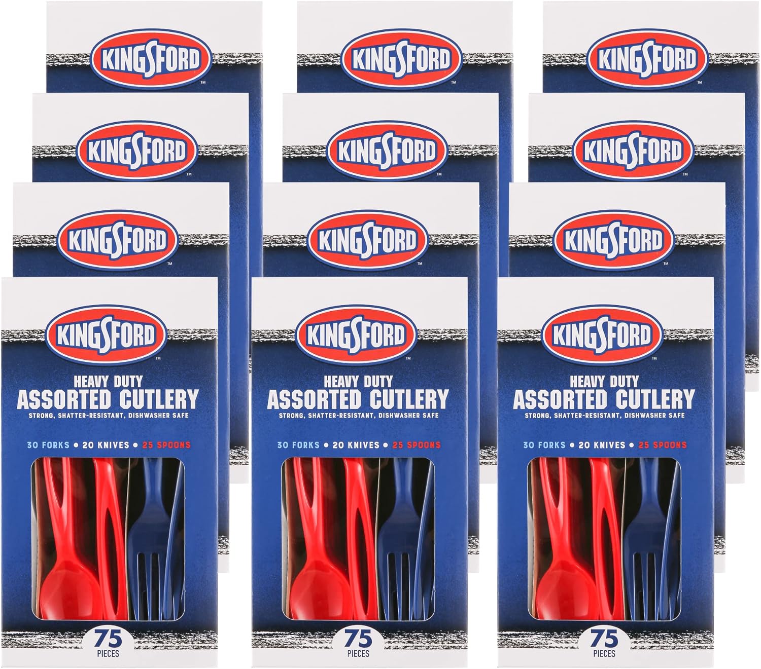 Kingsford Full Size Assorted Disposable Plastic Cutlery Set - Includes 360 Forks 240 Knives and 300 Spoons for Any Occasion, Red, White, & Blue, 75 Pieces - 12 Pack
