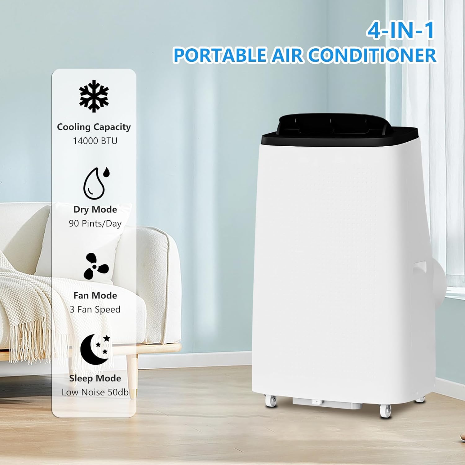 14,000 BTU Portable Air Conditioner with Dual Motor Fast Cooling, AC/Dehumidifier/Fan, Cools Up to 700 Sq Ft, 50 DB Quiet Sleep Mode, Remote & 24-Hour Timer,360° Mobility