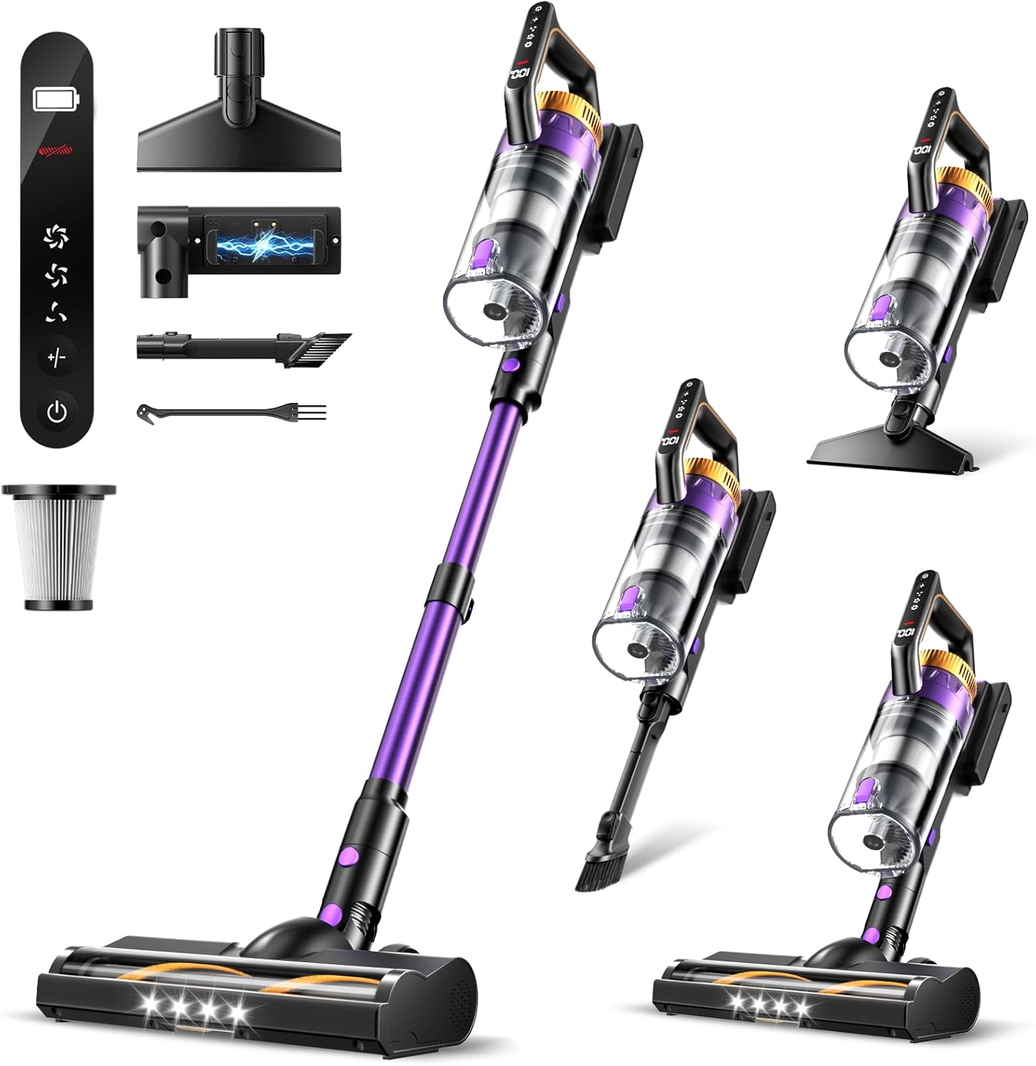Cordless Vacuum Cleaner, 580W/48Kpa Vacuum Cleaners with 65 Min Runtime, Lightweight Wireless Vacuum with LED Headlights/Screen, wall mount, Removable Handheld Vacuum for Pet Hair/Carpets/Floors/Sofa