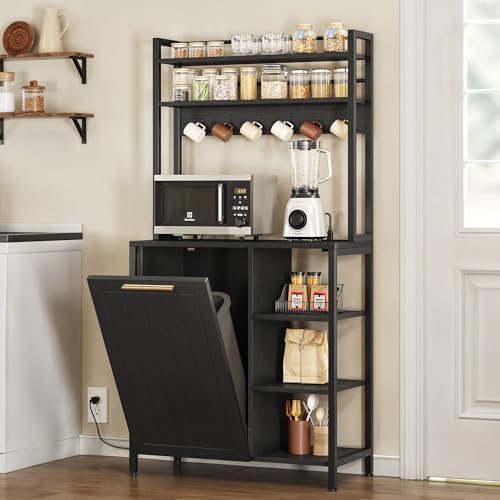 DWVO Black Bakers Rack with Trash Can Bin Cabinet and Power Outlet, Microwave Stand Cabinet with 6 Hooks, 6-Tiers Farmhouse Kitchen Tall Thickened Coffee Bar Table Station with Storage Shelf
