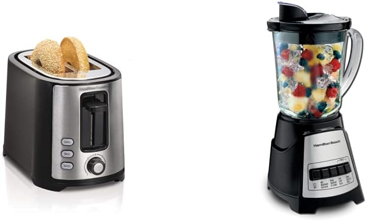 Hamilton Beach 2 Slice Extra Wide Slot Toaster with Bagel & Defrost Settings, Shade Selector, Toast Boost, Auto Shutoff, Black & Stainless Steel (22633) and Hamilton Beach Power Elite Wave Action blender-for Shakes & Smoothies, Puree, Crush Ice, 40 O
