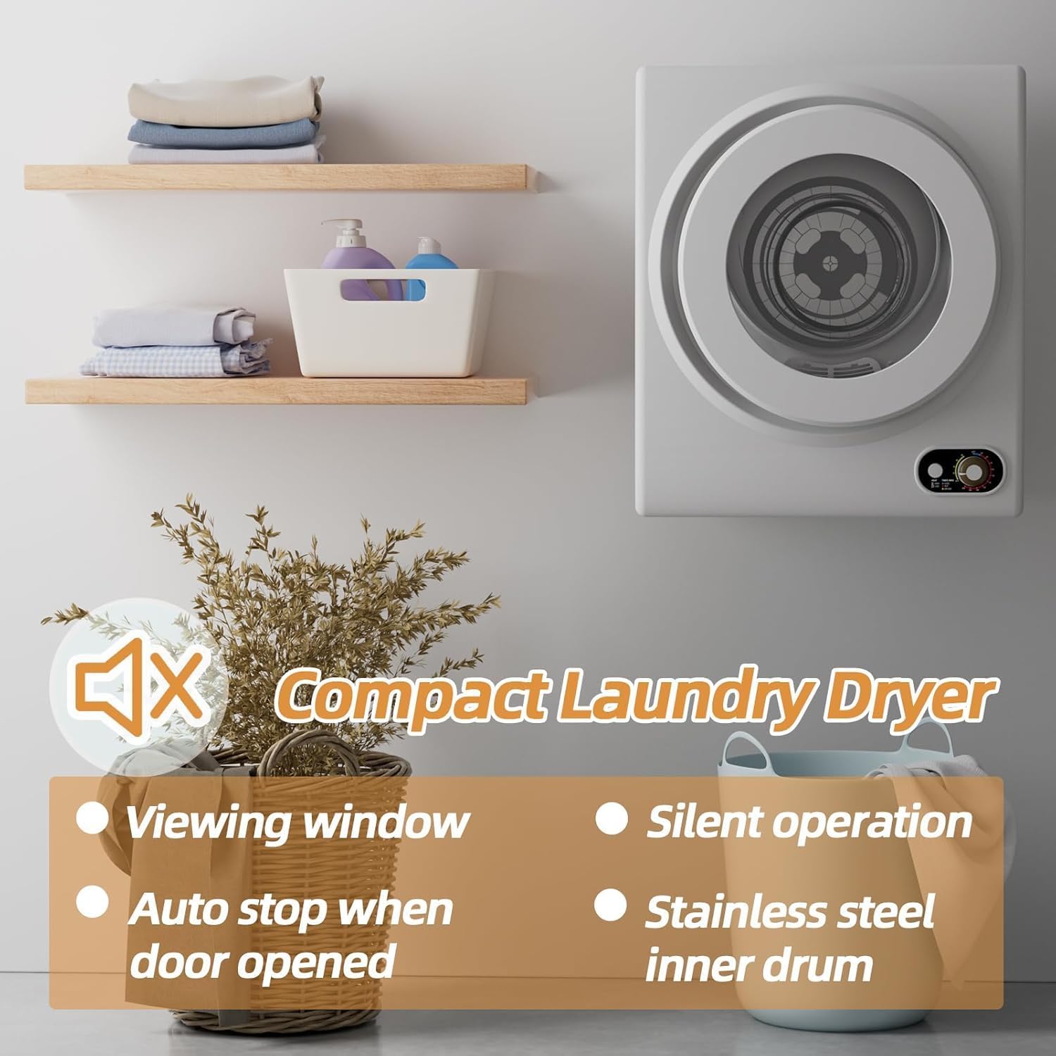 Compact Laundry 120V Clothes Stainless Steel Inner Tub, Electric Machine for Small Space, Apartments, hostels, RVs Portable Dryer, 1.5 Cubic Feet, Gray