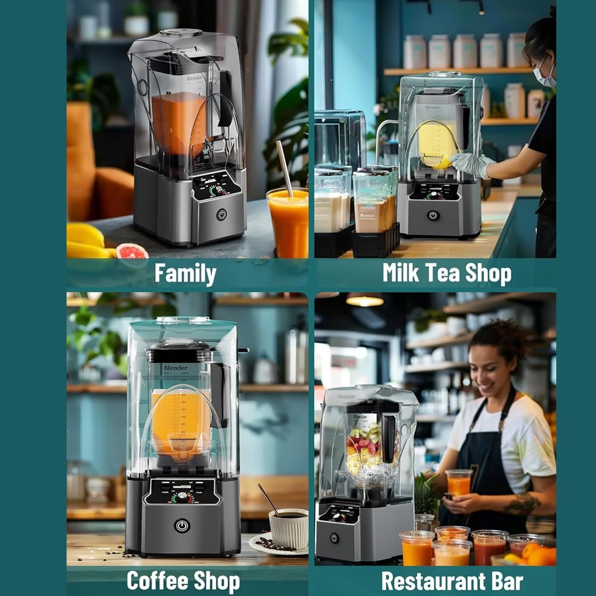 Professional Commercial Blender With Shield Quiet Sound Enclosure 2200W Industries Strong and Quiet Professional-Grade Power, Self-Cleaning,Grey