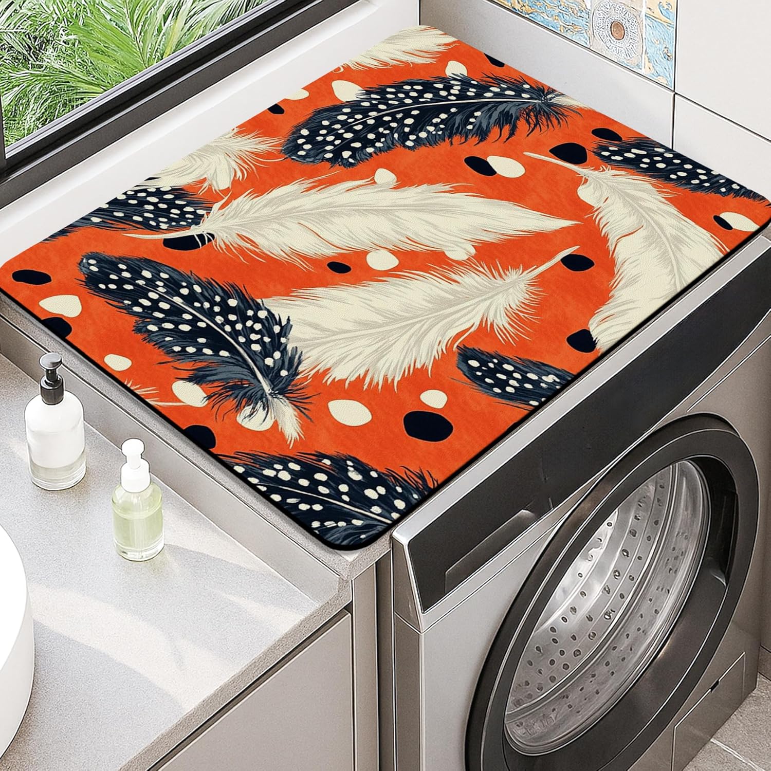 Feather Washer Dryer Top Protector Mat, Bohemian Modern Abstract Laundry Machine Dust Covers, Stylish Rubber Anti-slip Waterproof Washer And Dryer Mats for Laundry Room 20x24 Inch