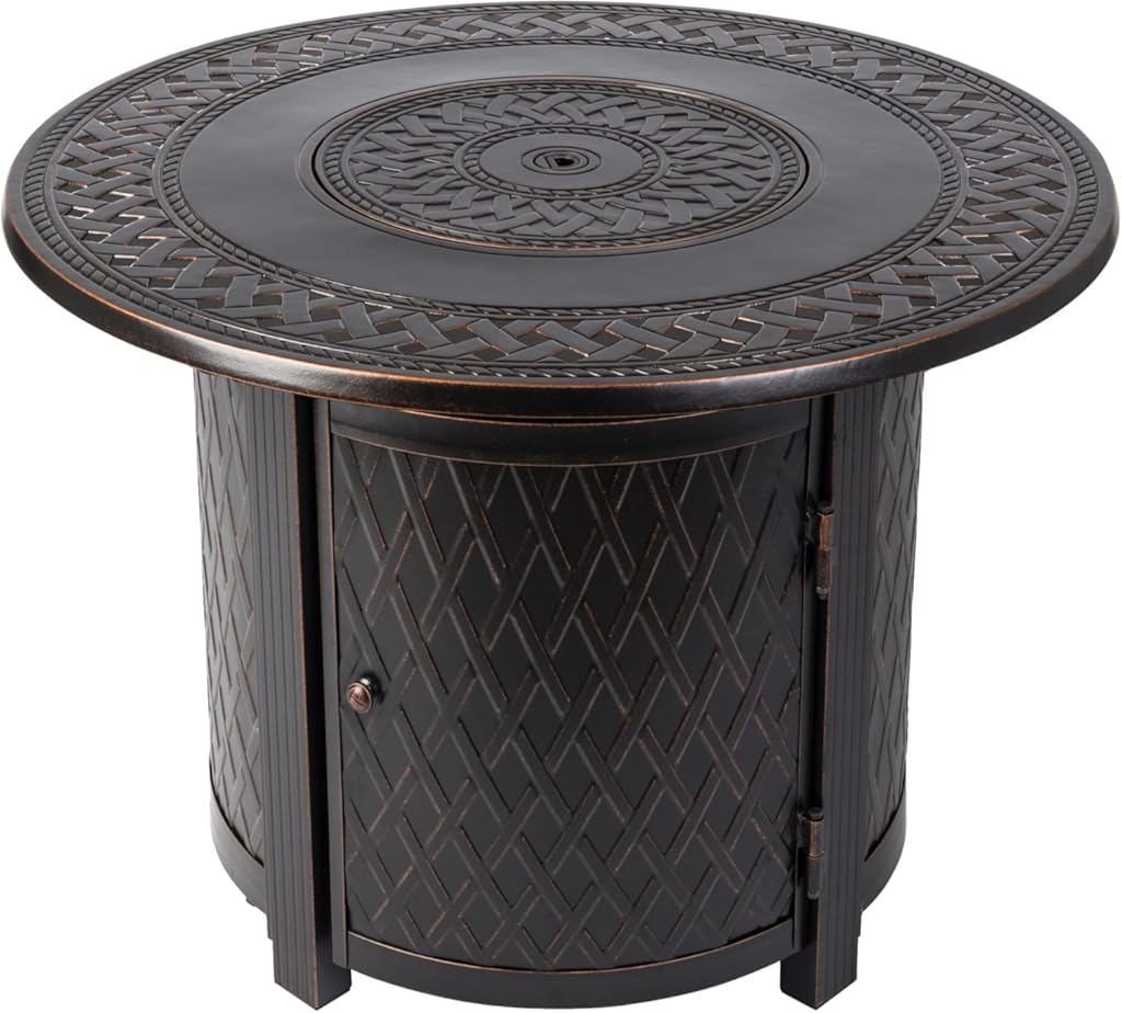 Wagner Woven Aluminum Convertible Gas Fire Pit Table 37,000 BTU Multi-Functional Outdoor with Fire Bowl Lid, Nylon Weather Cover & Clear Fire Glass - Bronze Finish - Round - 33