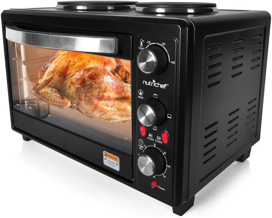 Updated Premium Version Multifunction Grill Oven, Dual Hot Plate, Toaster Oven w/Rotisserie, Grill/Griddle Top, Countertop Convection Oven, w/Wire Grill Rack, Baking Tray, Skewers, Tray Handles