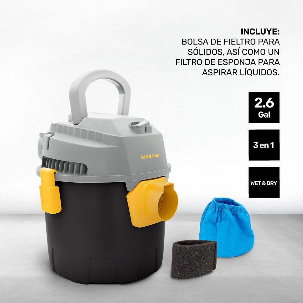 Taurus Hurricane | Wet & Dry Vacuum Cleaner | 3 Modes of Use | 2.6 Gallons | Vacuums Solids, Liquids, or Functions as an Air Blower | Powerful Suction | 1.2 m Hose | Includes Accessories