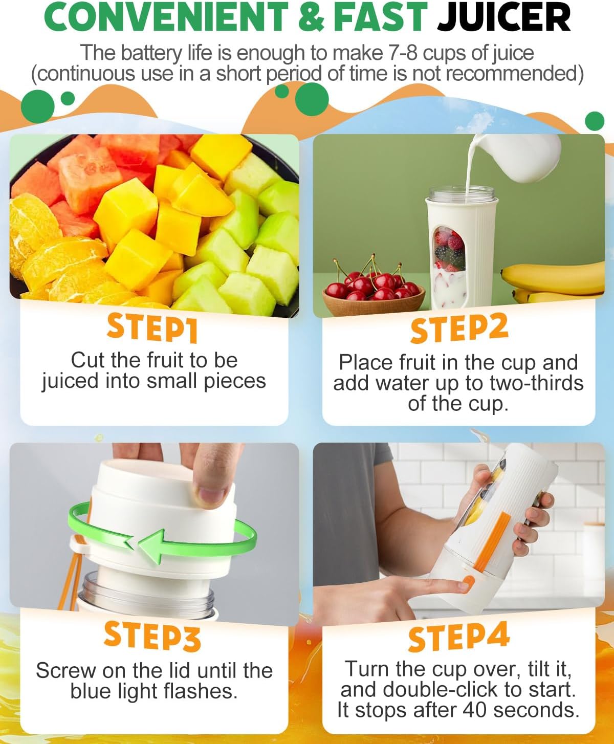 Portable Blender for Smoothies, Dishwasher Safe Personal Blender for Shakes and Fresh Juices, 15 Oz BPA Free Portable Bottle with 12-Blade, Rechargable Sport Bottle Compact and Easy to Clean