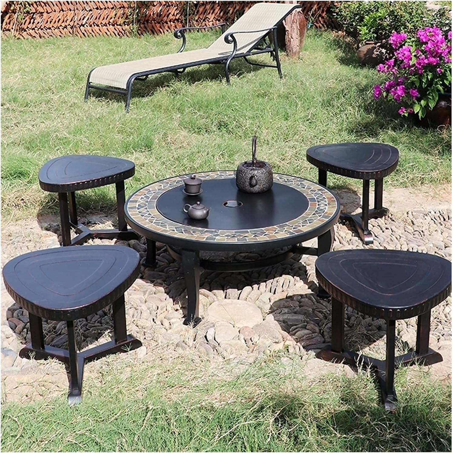 Outdoor Fire Pit Outdoor Large Wood Burning Fire Pit, Garden Party BBQ Camping Picnic Cooking Fire Pit Barbecue Grill with 4 Stools