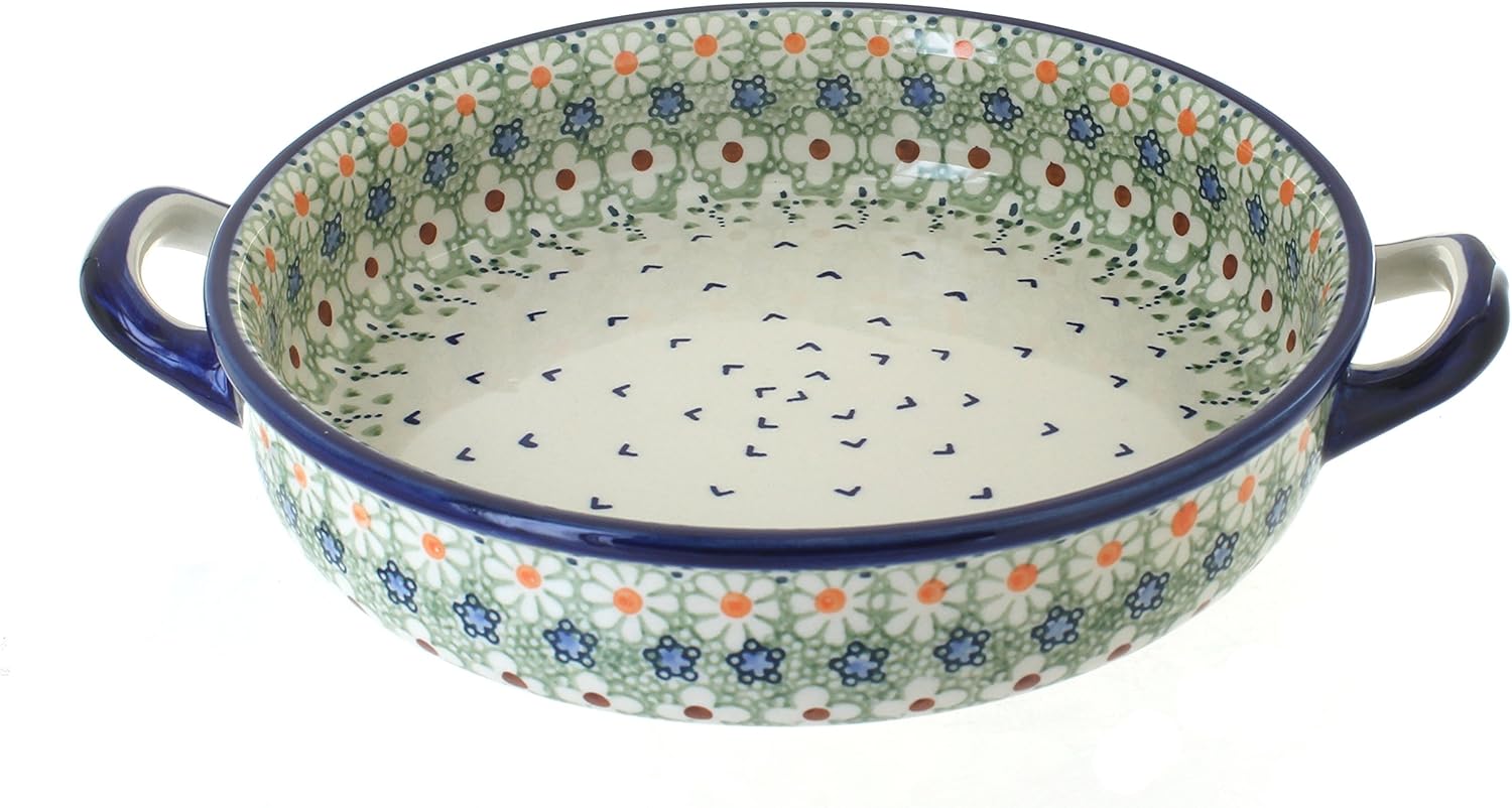 Blue Rose Polish Pottery - Green Daisy Small Round Baker with Handles - 9.5