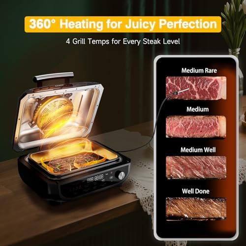 Candy Indoor Grill & Air Fryer with Ceramic Accessories, 500°F Max, 7-IN-1 Digital Display, 5.2 QT Electric Low Smoke with View Window, Smart Thermometer, Crisp, Roast & Dehydrate, Easy Clean, 1500W