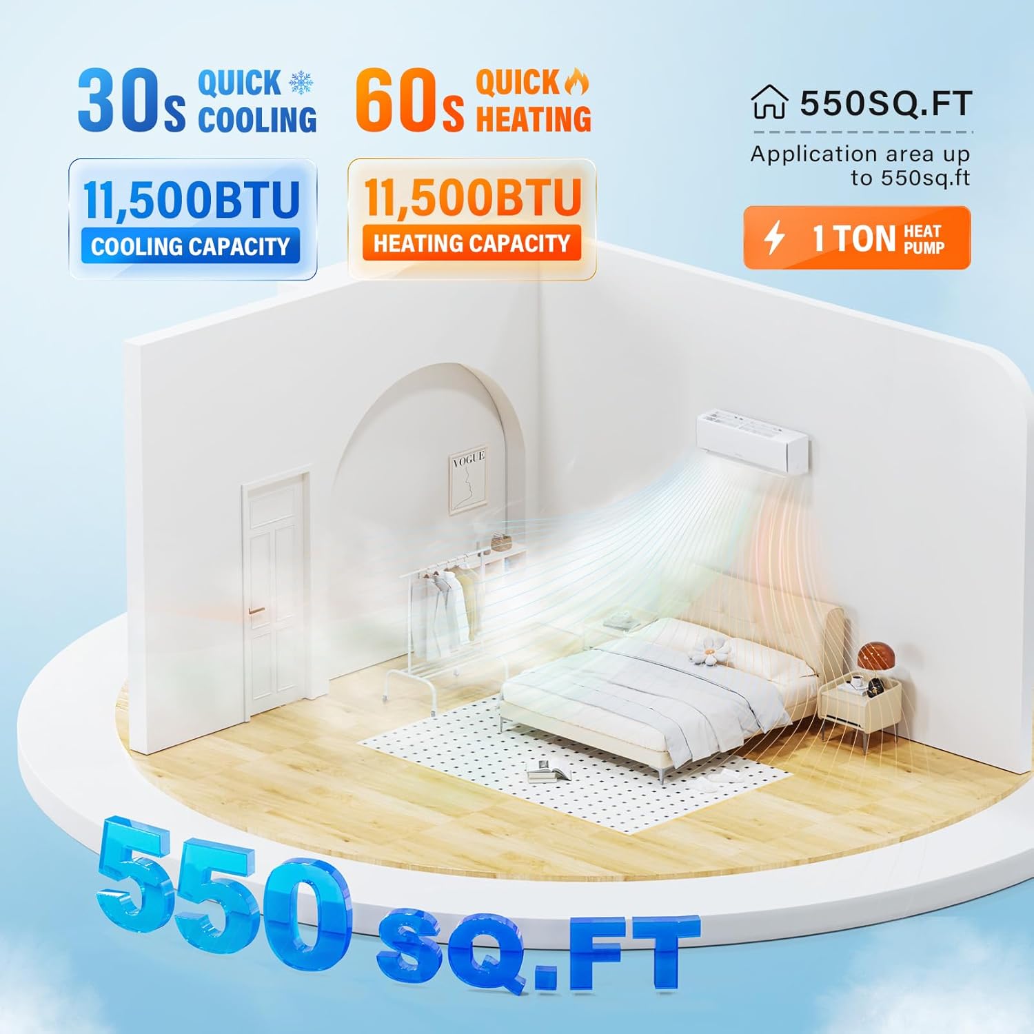 ROVSUN 11500 BTU Wifi Enabled Mini Split Air Conditioner & Heater, 17 SEER2 230V Inverter Ductless Wall AC Unit with Pre-Charged Condenser, Heat Pump & Installation Kit