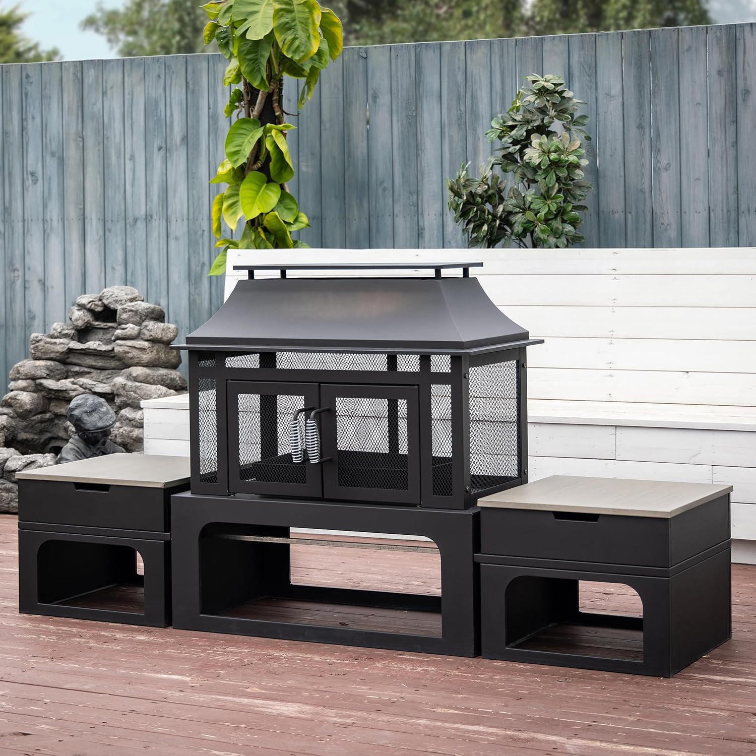70 Inch Rectangular Outdoor Steel Woodburning Fireplace with Side Tables - Integrated Log Storage and Log Poker