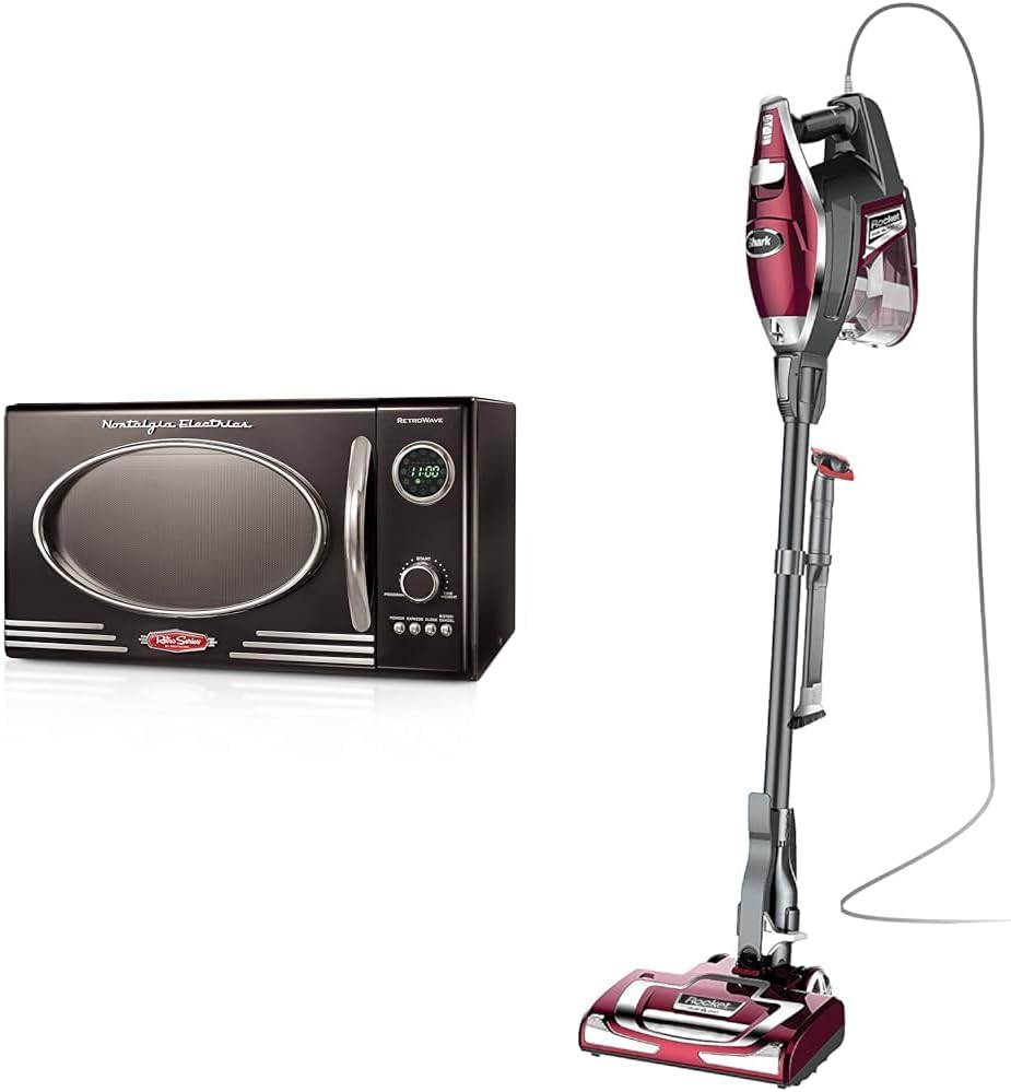 Nostalgia Retro Countertop Microwave Oven & Shark HV322 Rocket Deluxe Pro Corded Stick Vacuum with LED Headlights, XL Dust Cup, Lightweight, Perfect for Pet Hair Pickup