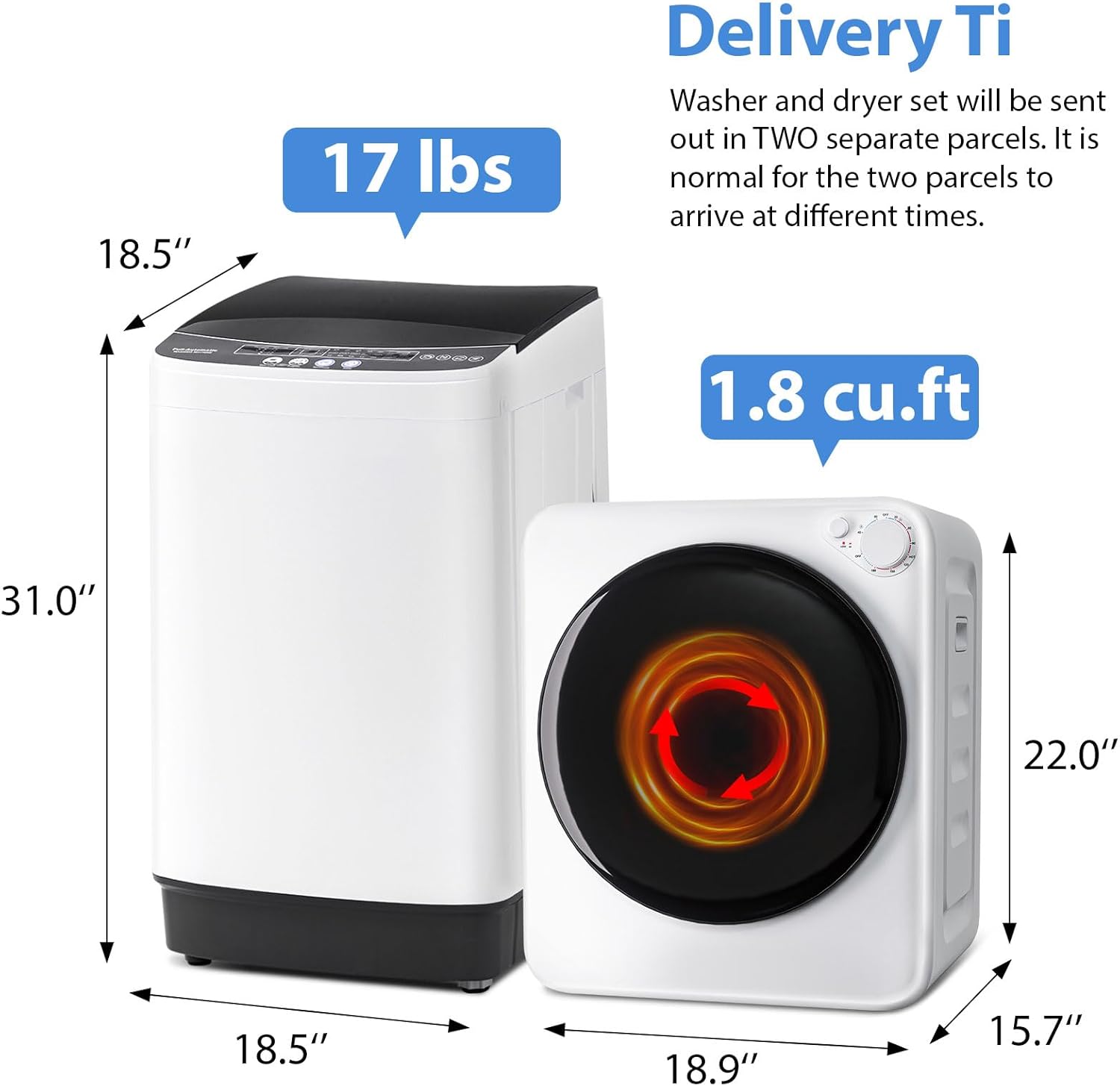 Portable Washer and Dryer Combo Set, 17 Lbs Full-Automatic Washing Machine and 1.8 Cu.Ft Portable Clothes Dryer, Compact Washer and Dryer with Stainless Steel Inner Tub, for Apt, Dorm, Home