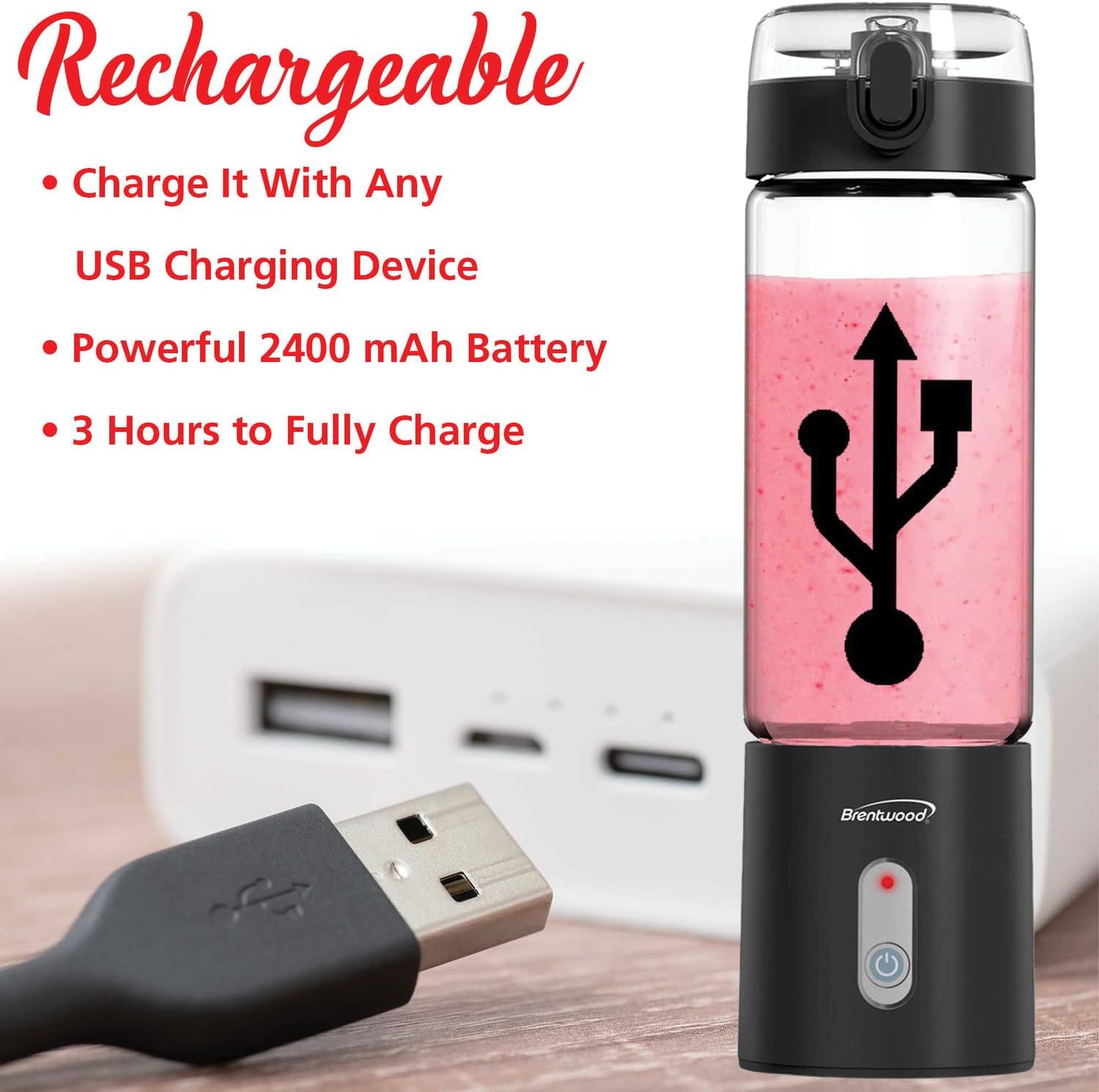 Brentwood 50-Watt 17-Oz. Portable Battery-Operated USB-Chargeable Glass Blender (Black)