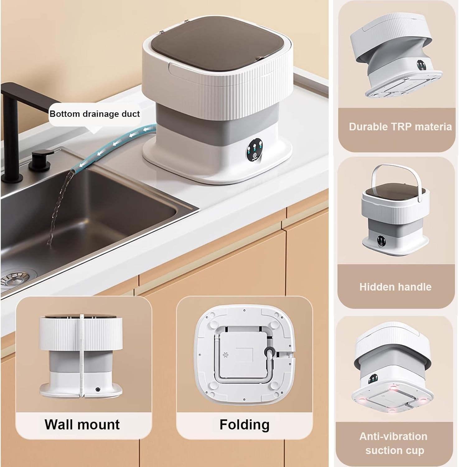 Portable Washing Machine, 10L Foldable Mini Washer with Spin Basket, Small Collapsible Laundry, for Travel, Camping, Apartment, Baby Clothes,Underwear, Socks(Brown)