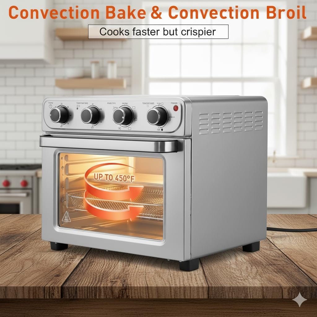 Simple Deluxe 26.4QT XL Air Fryer Toaster Oven Combo, 4-in-1 Countertop Convection Oven with Double Fan Technology, Includes Baking Pan & Fry Basket, Stainless Steel