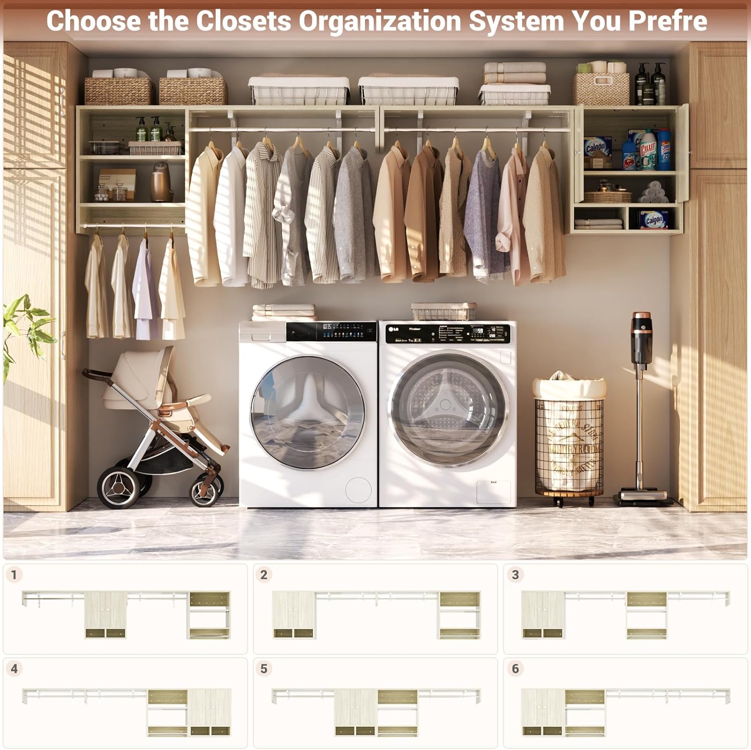 Unikito Over Washer and Dryer Storage Shelves and Organizer, Wall Mounted Laundry Room Shelf with 3 Hanger Rods, Laundry Room System, Space Saver Clothes Drying Rack, 118