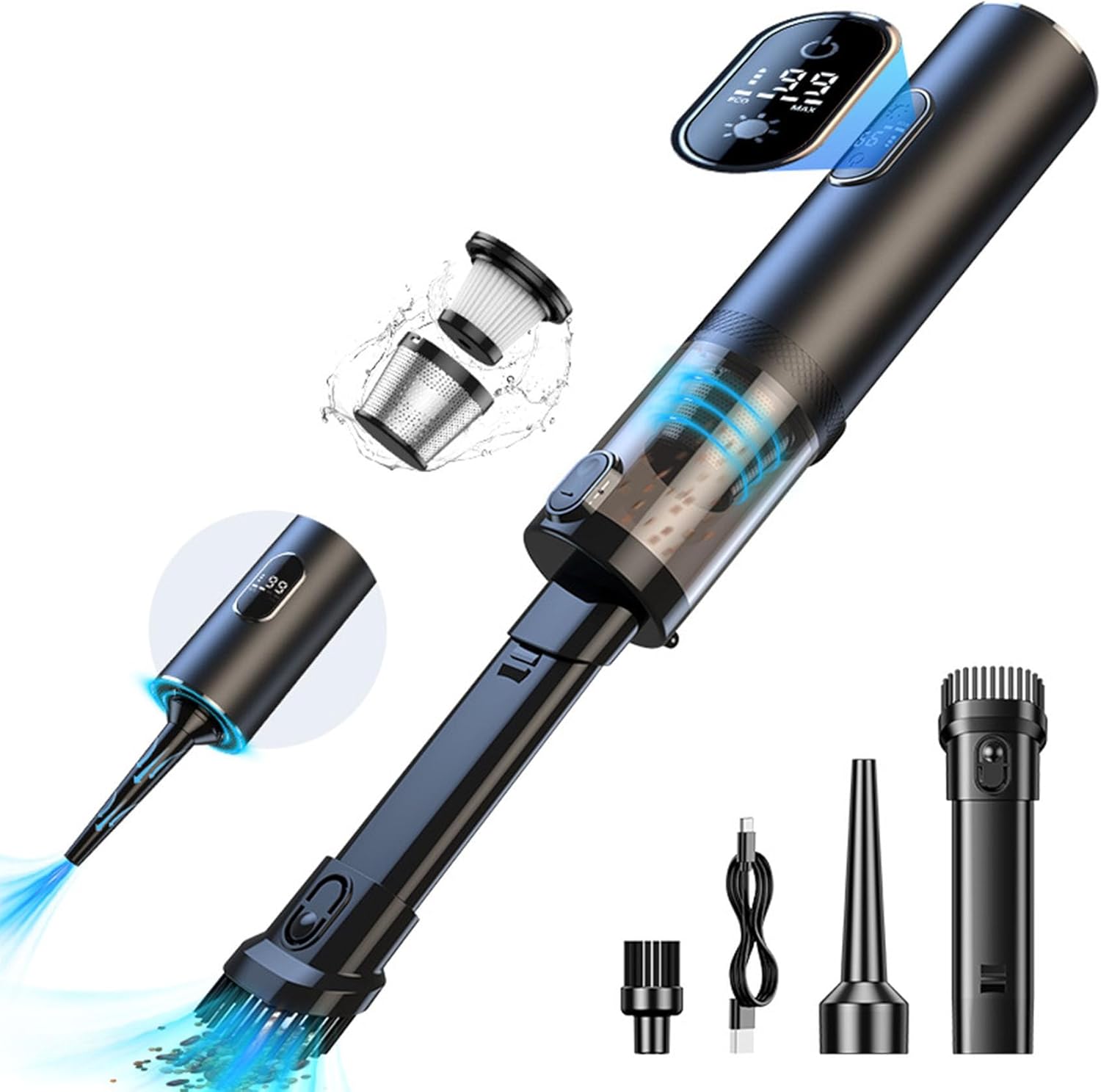New V-15Pro Car Vacuum, 19000pa Powerful Handheld Cordless Car Vacuum, Suction, Blowing, Inflatable, Brushing, Lighting 5 in 1, Multifunctional Portable Vacuums for Home (Black)