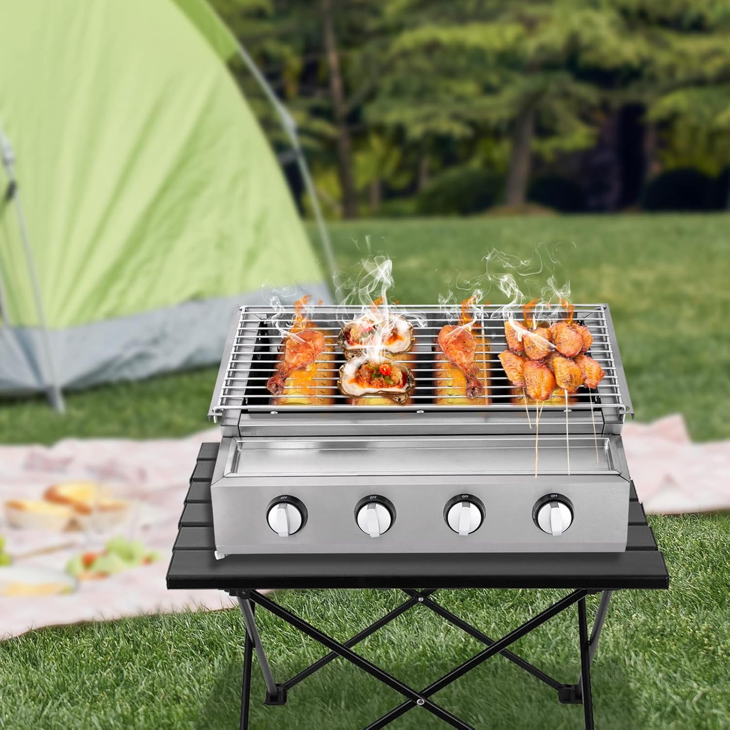 Gas BBQ Grill Stainless Steel Outdoor Camp Picnic Barbecue Shish Kabob 4 Burner Griddle Flat Top Grill Portable Barbecue Grill Countertop Smokeless Grill Non-Stick Cooking Removable Grill Baking