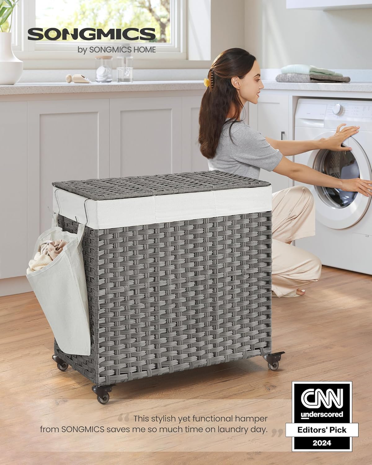 SONGMICS Laundry Hamper with Lid, 37 Gallons (140 L), Rolling Laundry Basket with Wheels, 3-Section Synthetic Rattan, Removable Liner, Bedroom, 26 x 13 x 26 Inches, Gray ULCB363G01