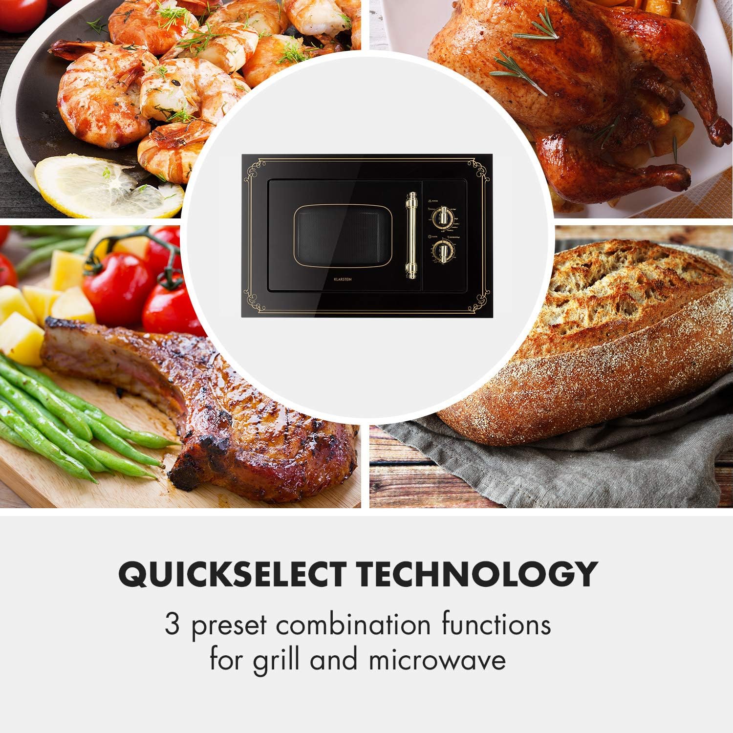 Klarstein Victoria 20 Built-in Microwave, Retro Design, 20L, 800W Microwave/1000W Grill Power, 3 Functions, Stainless Steel, Mounting Frame, Black