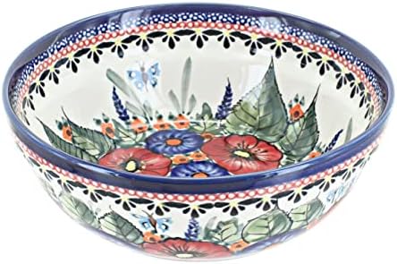 Blue Rose Polish Pottery - Red Floral Butterfly Cereal/Soup Bowl - 6.7