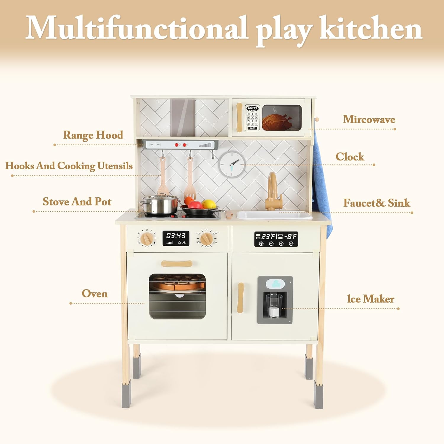 Freniland Wooden Play Kitchen, Kitchen Playset for Kids with Realistic Stove, Range Hood, Oven, Ice Maker, Microwave, Sink, with Light & Sound, 18 Accessories, Pretend Toy Kitchen, Gift for Ages 3+