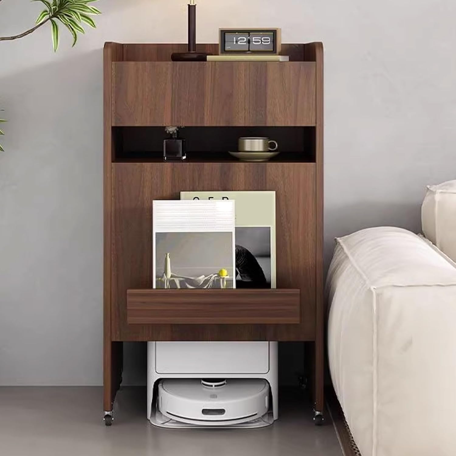 Robot Vacuum Cabinet Open Storage Shelves Storage Cabinet with Adjustable Shelf 4 Universal Wheels Multiple Storage Methods for Dining Room Living Room Hallway(Natural)