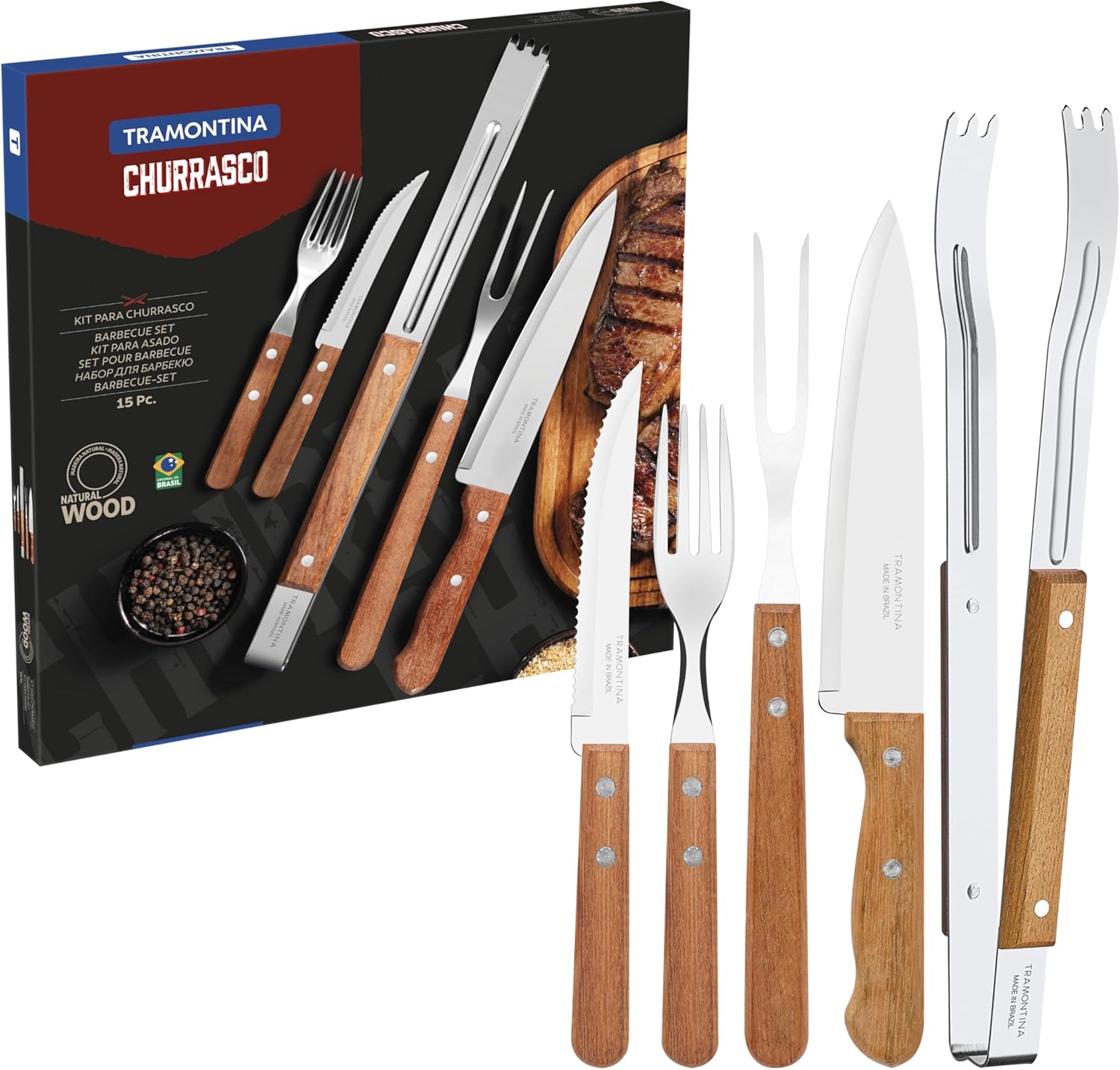 Tramontina 22399/028 Dynamic Natural Wood Handle Barbecue Kitchen Tools Set of 15 Churrasco Tools Durable Stainless Steel Large Size Natural Wood Respect for the Aged Day Housewarming Gift Made in Brazil 22399/028