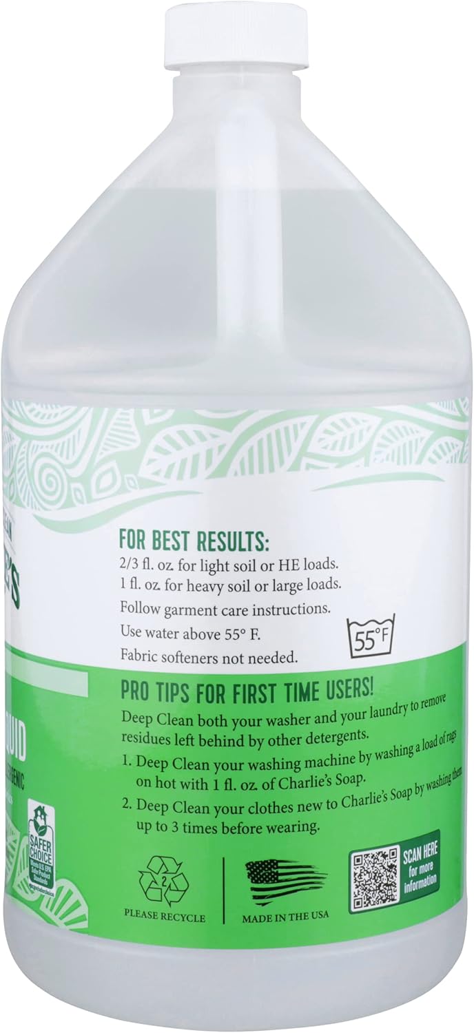 Charlie’s Soap Laundry Liquid with Pump (160 Loads, 1 Pack) Natural Deep Cleaning Hypoallergenic Laundry Detergent – Eco-Friendly, Safe and Effective