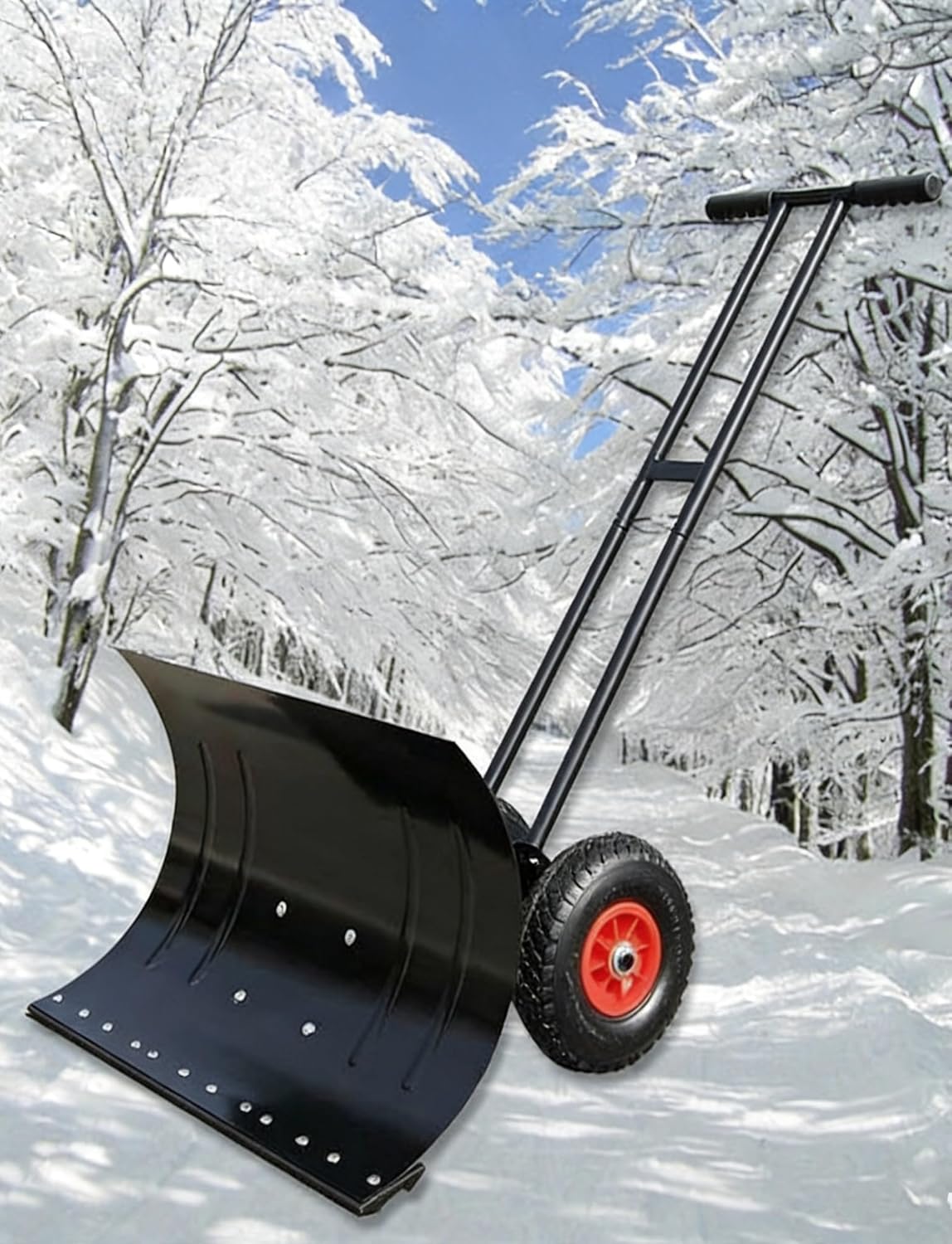 Multi-Purpose Snow Pusher with Wheels, Adjustable Carbon Steel Blade & Dual Handle for Snow, Grain Harvest, and Coal Collection(100x43cm/39x17in)