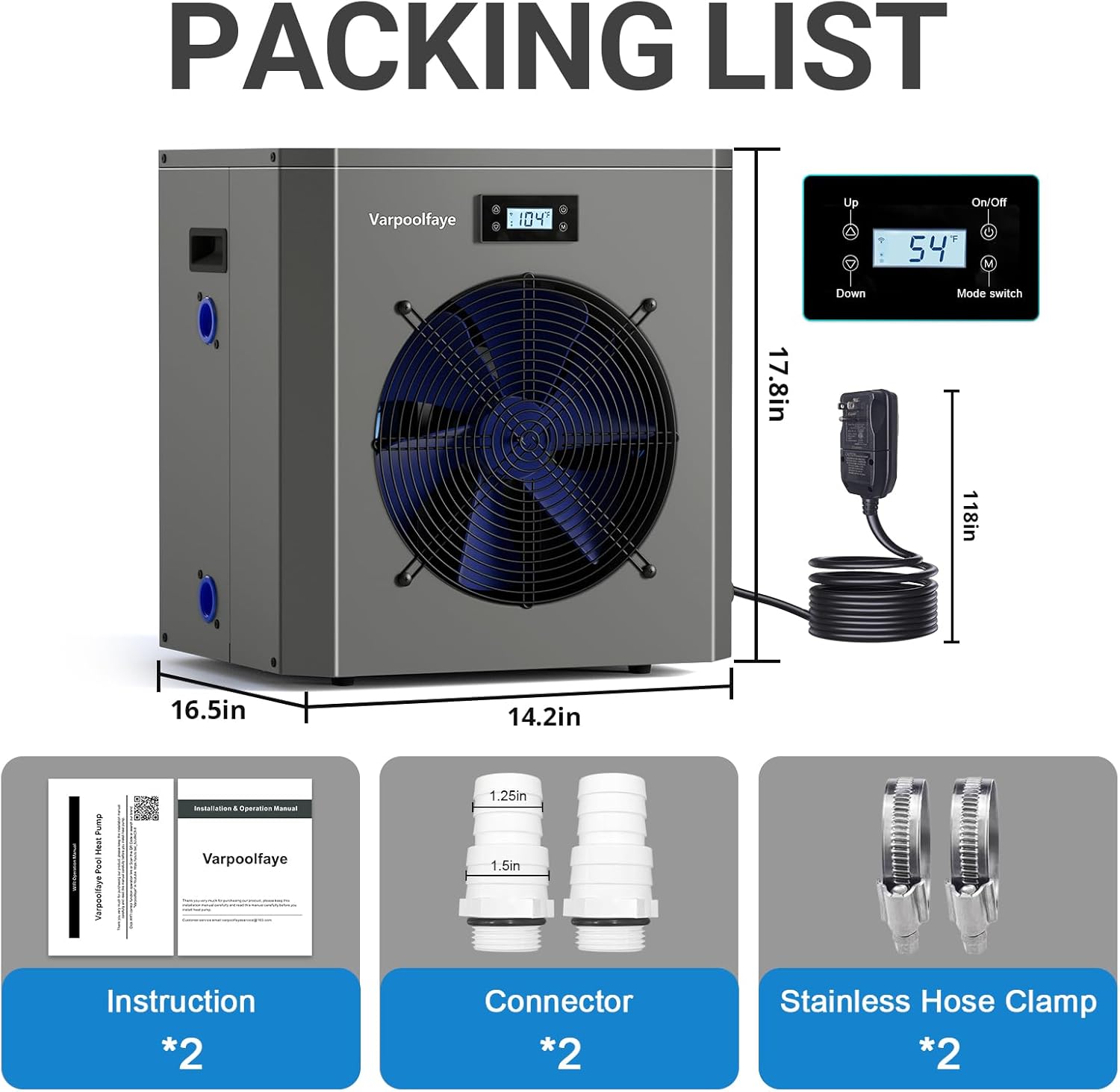 Pool Heaters for Above Ground Pool 16000 BTU Swimming Pool Heater Pump 5000 Gallon Heating or Cooling Mode WiFi Control Timer 120V 60Hz