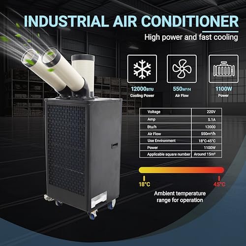 12000BTU/H Industrial Spot Cooler Air Conditioner Industrial Air Conditioner with 1.3Gal Water Tank Commercial Portable Mobile Spot Cooler Double Ducts 1.1KW 220V