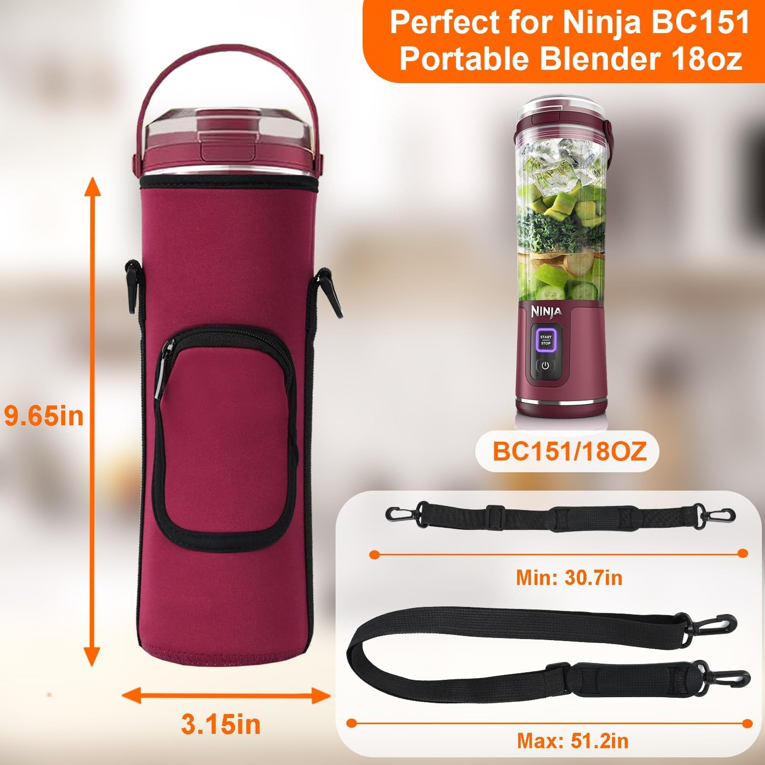 Storage Bag for Ninja Portable Blender Dust Cover Sleeve with Shoulder Strap, Accessory Pocket for Ninja BC151NV/BC51NV/BC151BK/BC151CR/BC151EM/ BC151PR/BC151WH/BC155PS Portable Blender (Burgundy)