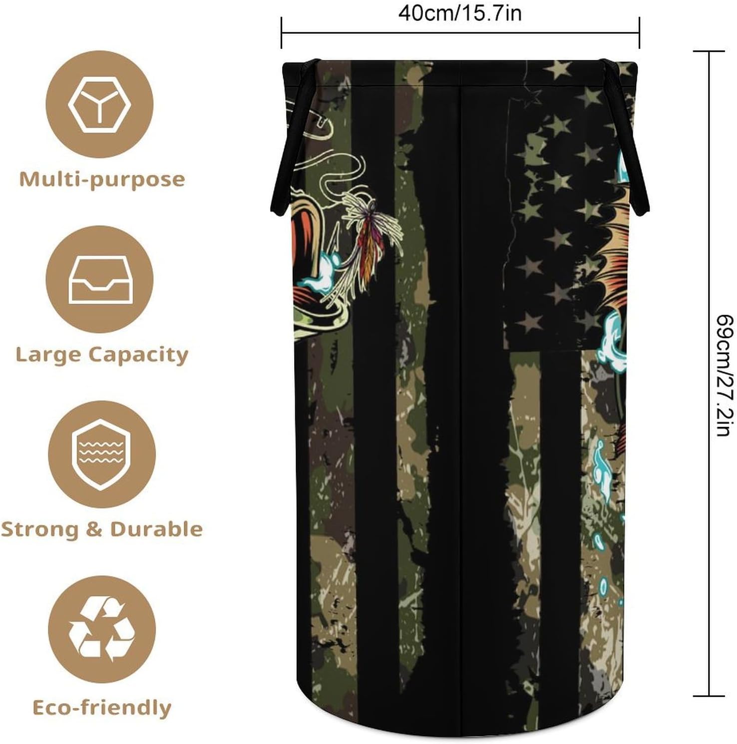 Watercolor American Flag Camo Fishing Laundry Hamper Dirty Clothes,Rustic Camouflage Hunting Theme Fishing Large Laundry Basket Storage Basket For Bathroom 15.7W