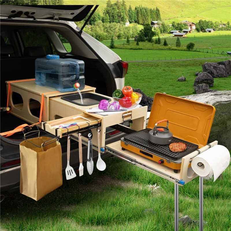 SHIWAGIN Overland Kitchen Slide-Out System, All-in-One Camp Kitchen Box with Sink, Chopping and Cooking Features, Folding Camping Table for SUV, Overlanding & Car Camping, Quick 1-Minute Setup