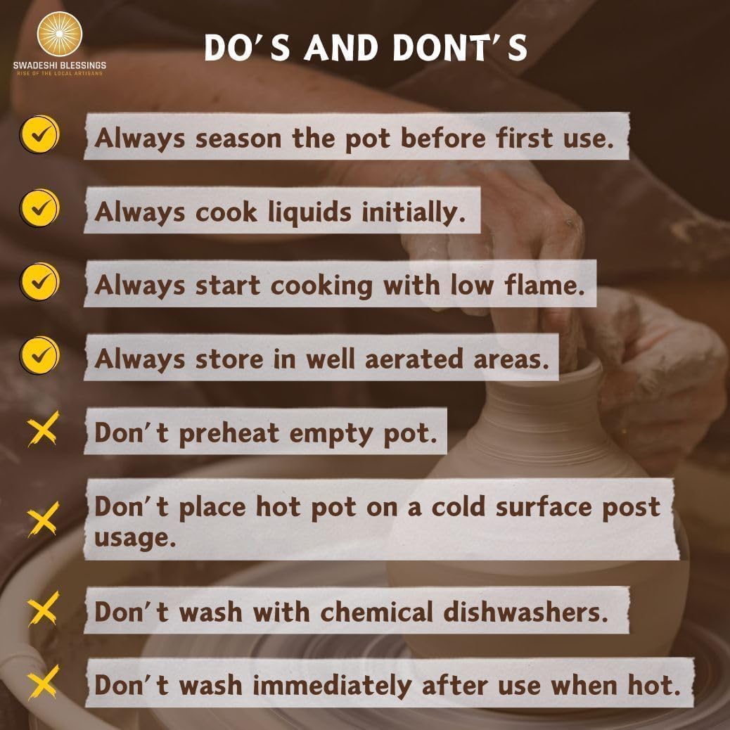 Swadeshi Blessings HandMade Exclusive Range Unglazed Clay Handi/Earthen Pot for Cooking with Lid (4 LTR, Black) (with Natural Firing Shade & Stone Finished Mirror Shine) + Free Palm Leaf Stand