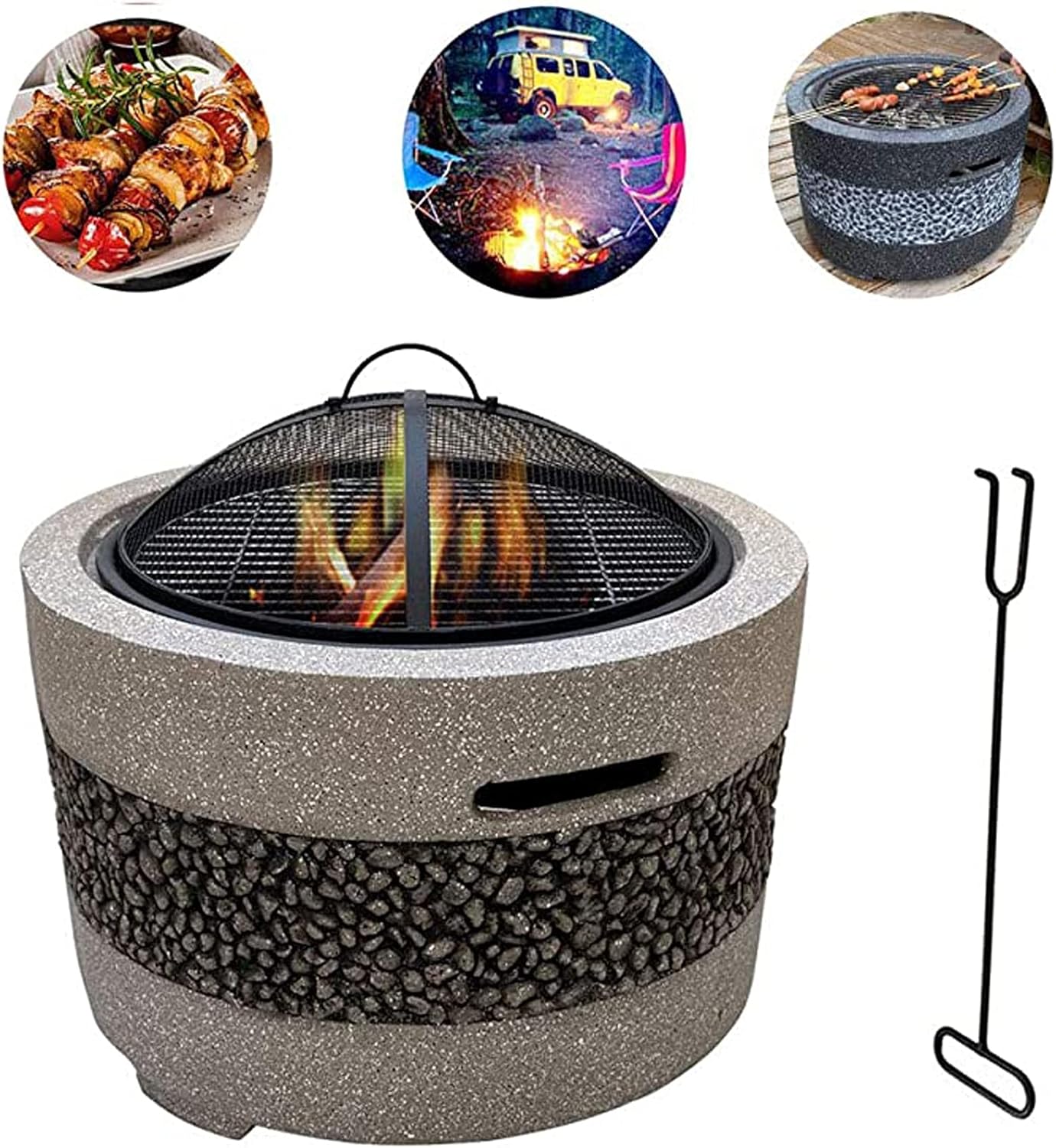 Fire Pit with BBQ Grill Shelf, Firepit Garden Patio Heater/BBQ/Ice Pit Fashionable and Artistic Magnesium Oxide Base Used for Outdoor Garden Barbecue